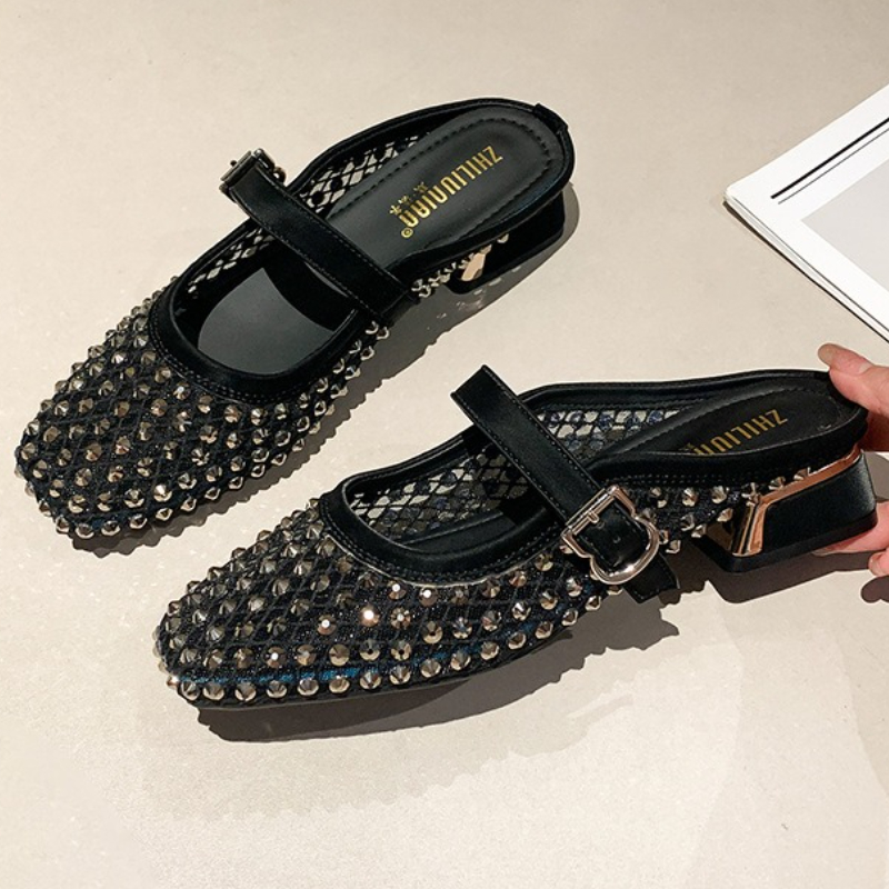 Square Toe Mule - Malha strass salto grosso mules chinelos