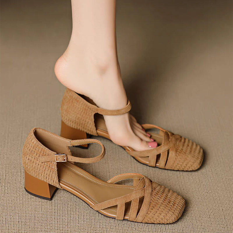 Retro tecer sandálias de salto - Square Toe Mule avaliação e preço